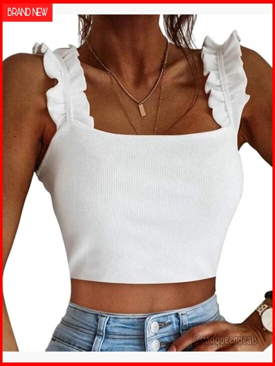 Tops - Ribbed Crop Tank Top Square Neck Ruffle Strap Lightweight Stretchy Women's